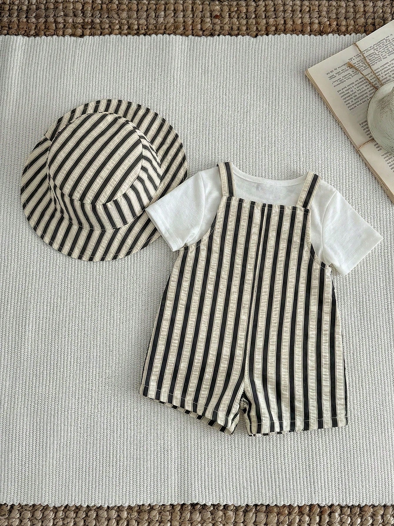 2pcs Unisex Striped Bib Shortall & Bucket Hat Set - Ecru | 21 Centu...