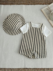 2pcs Unisex Striped Bib Shortall & Bucket Hat Set - Ecru | 21 Centu...