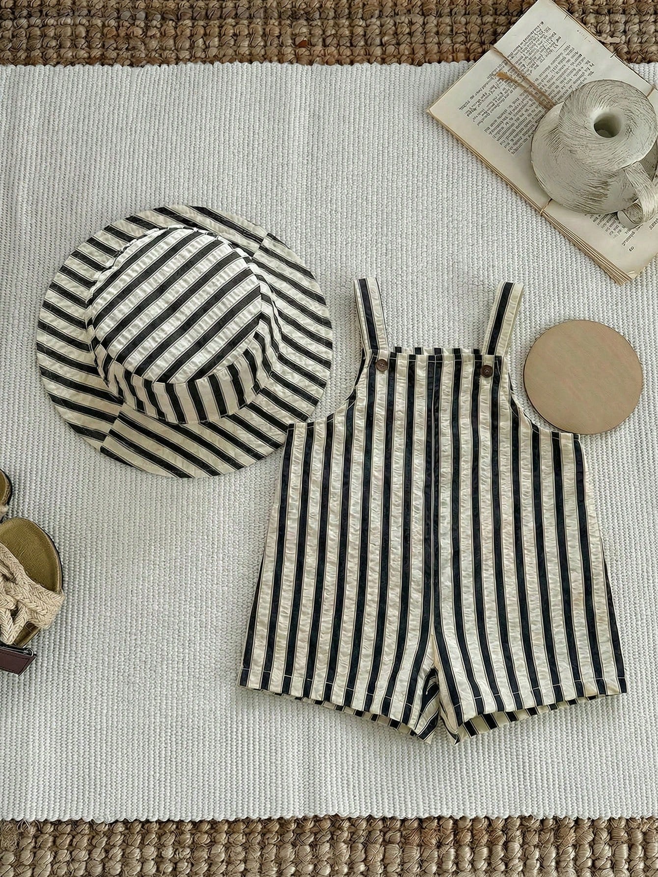 2pcs Unisex Striped Bib Shortall & Bucket Hat Set - Ecru | 21 Centu...