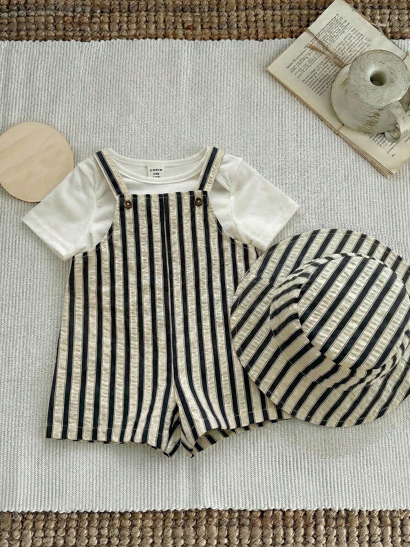 2pcs Unisex Striped Bib Shortall & Bucket Hat Set - Ecru | 21 Centu...