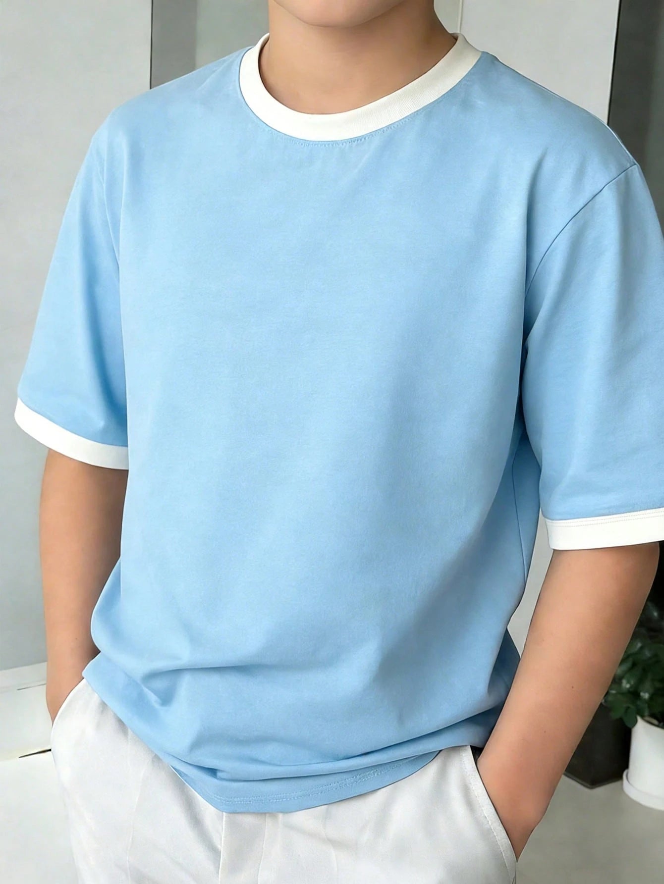 Big Boys Contrast Tipped Drop Shoulder T-Shirt - Cerulean | 21 Cent...