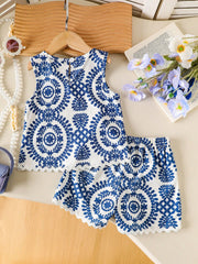 2pcs Girls Majolica Print Tank Top & Shorts Set - Ivory