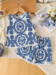 2pcs Girls Majolica Print Tank Top & Shorts Set - Ivory