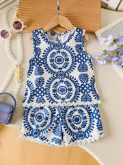 2pcs Girls Majolica Print Tank Top & Shorts Set - Ivory