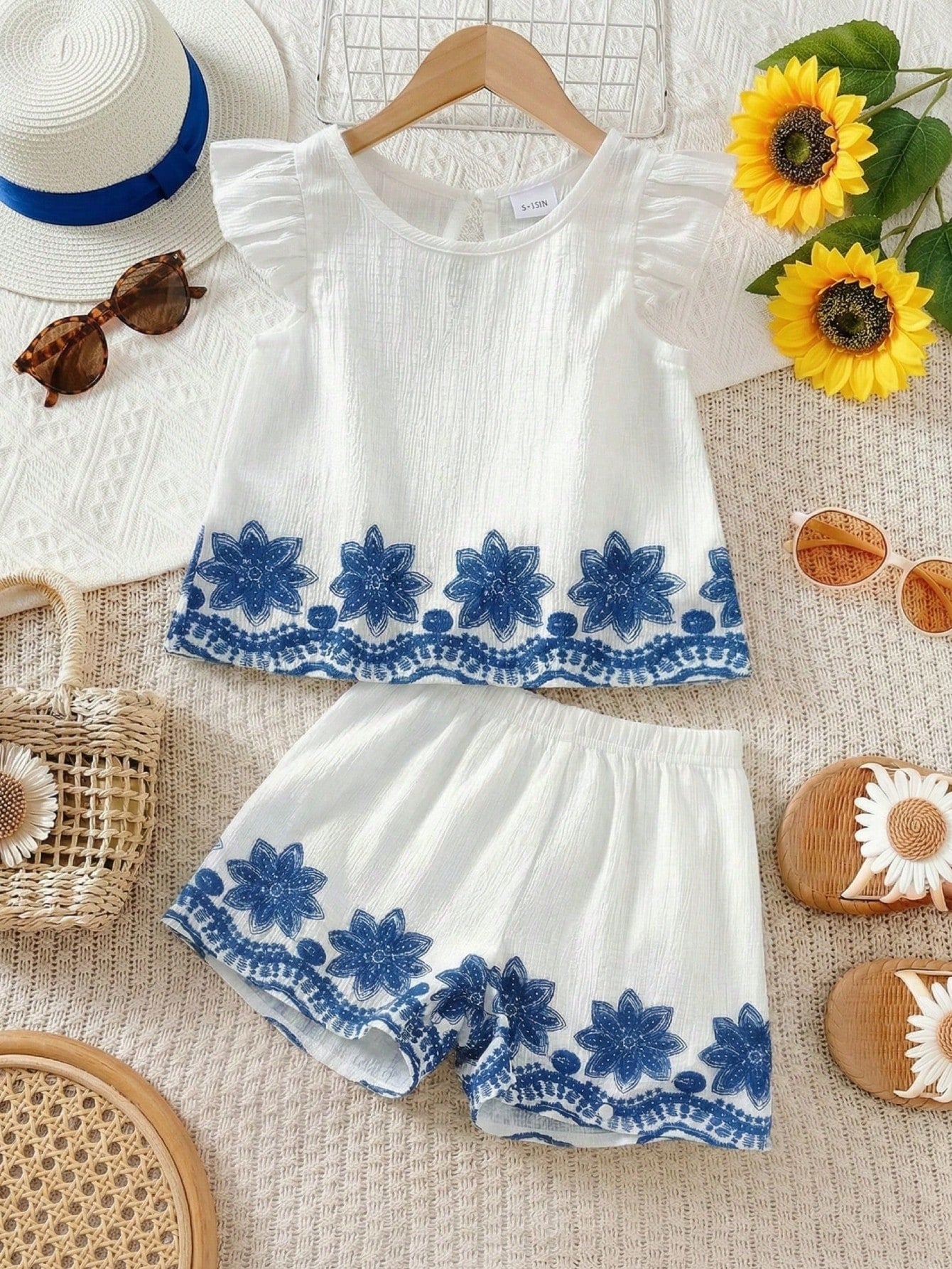 Little Girls Floral Embroidered Ruffle Linen Co-ord - Ivory