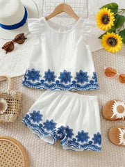 Little Girls Floral Embroidered Ruffle Linen Co-ord - Ivory