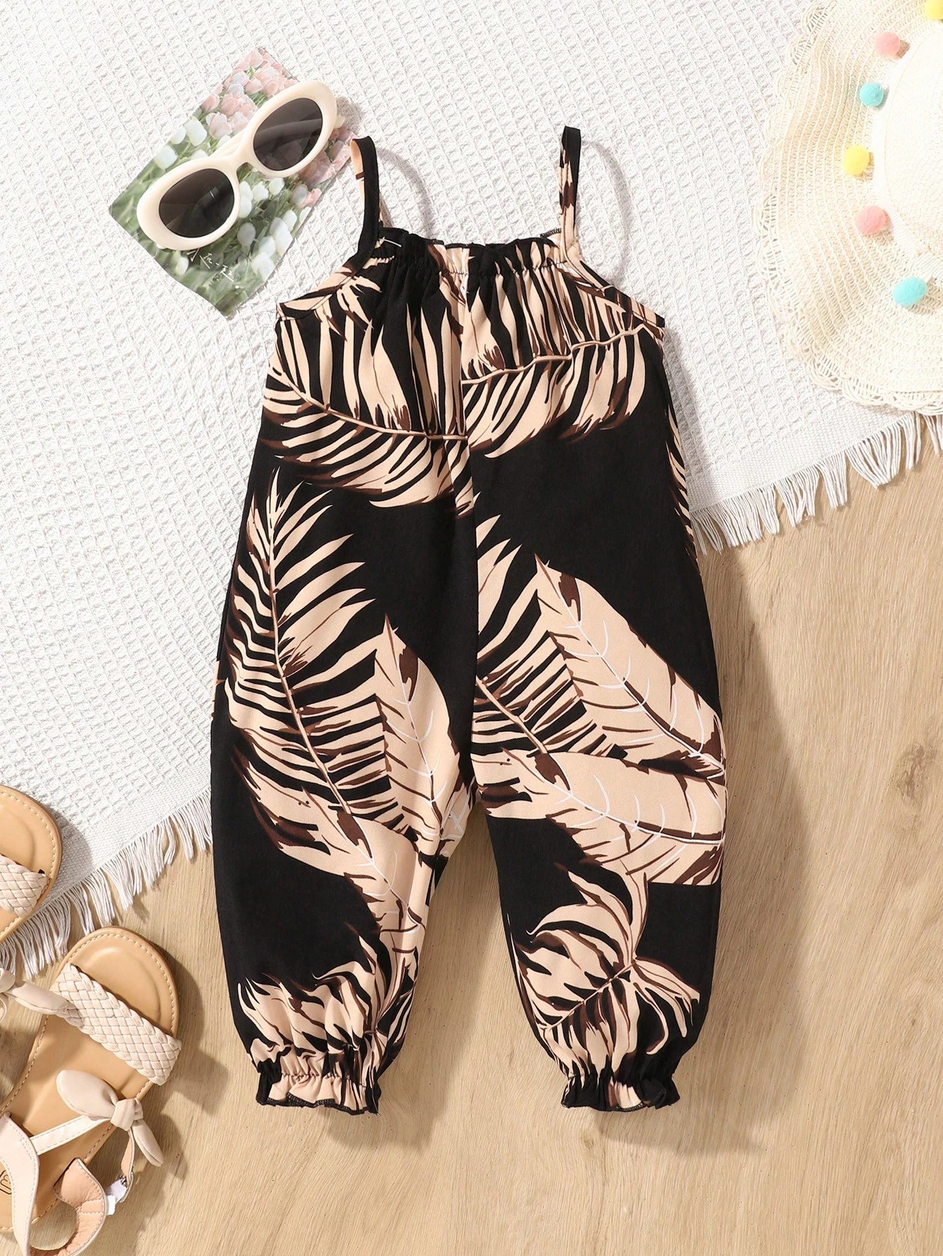 Girls Tropical Palm Print Cami Jumpsuit - Onyx