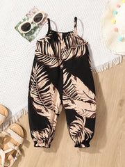 Girls Tropical Palm Print Cami Jumpsuit - Onyx