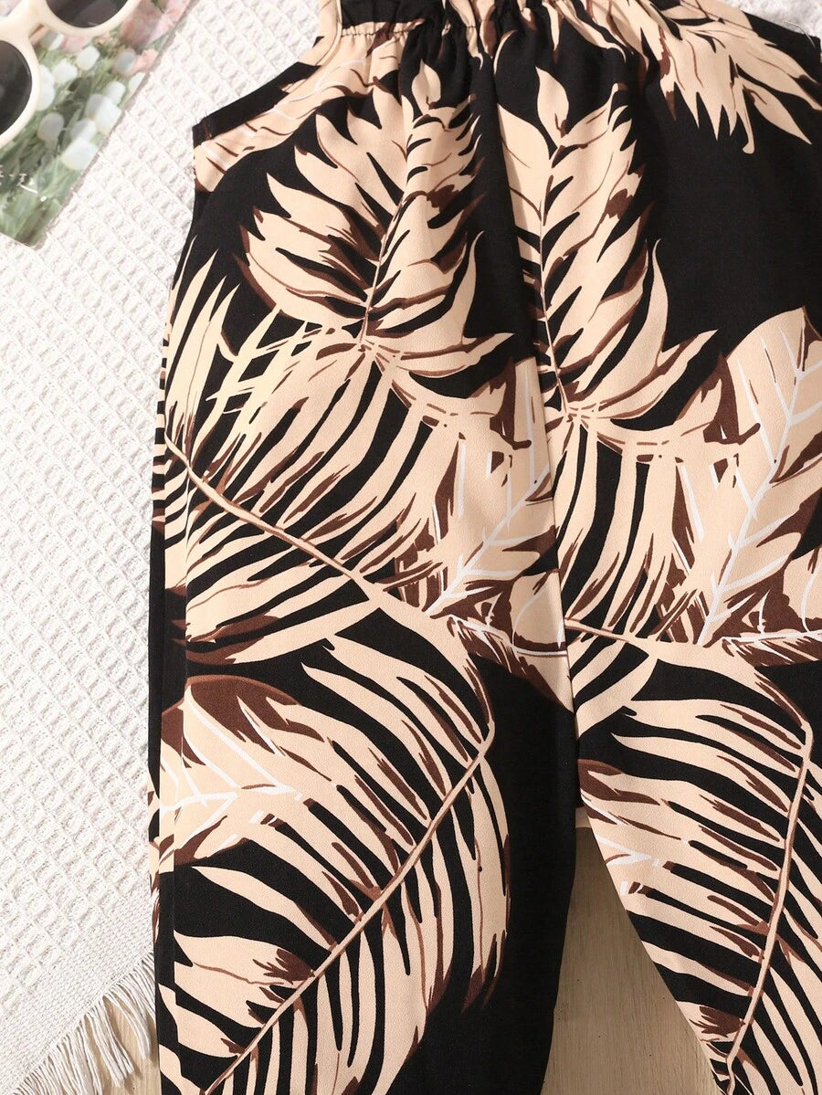 Girls Tropical Palm Print Cami Jumpsuit - Onyx