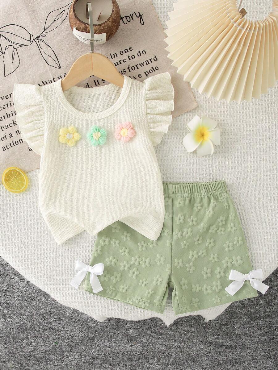 Girls 3D Floral Ruffle Sleeve Top & Shorts Set - Ivory