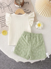 Girls 3D Floral Ruffle Sleeve Top & Shorts Set - Ivory