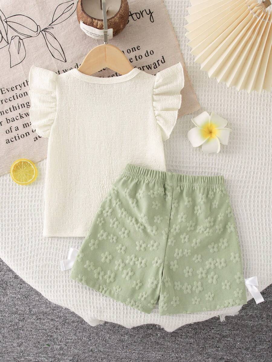 Girls 3D Floral Ruffle Sleeve Top & Shorts Set - Ivory