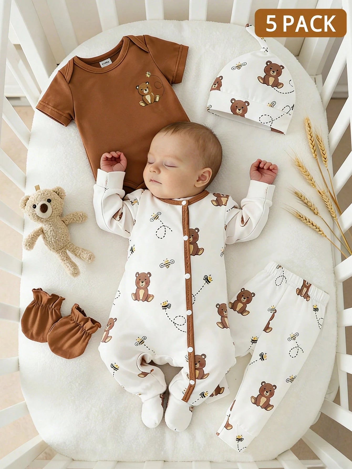 5pcs Baby Boys Bear & Bee Print Footed Sleepsuit Set - Isabelline |...
