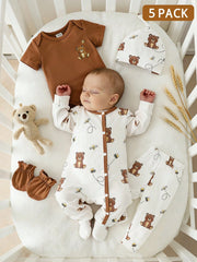 5pcs Baby Boys Bear & Bee Print Footed Sleepsuit Set - Isabelline |...