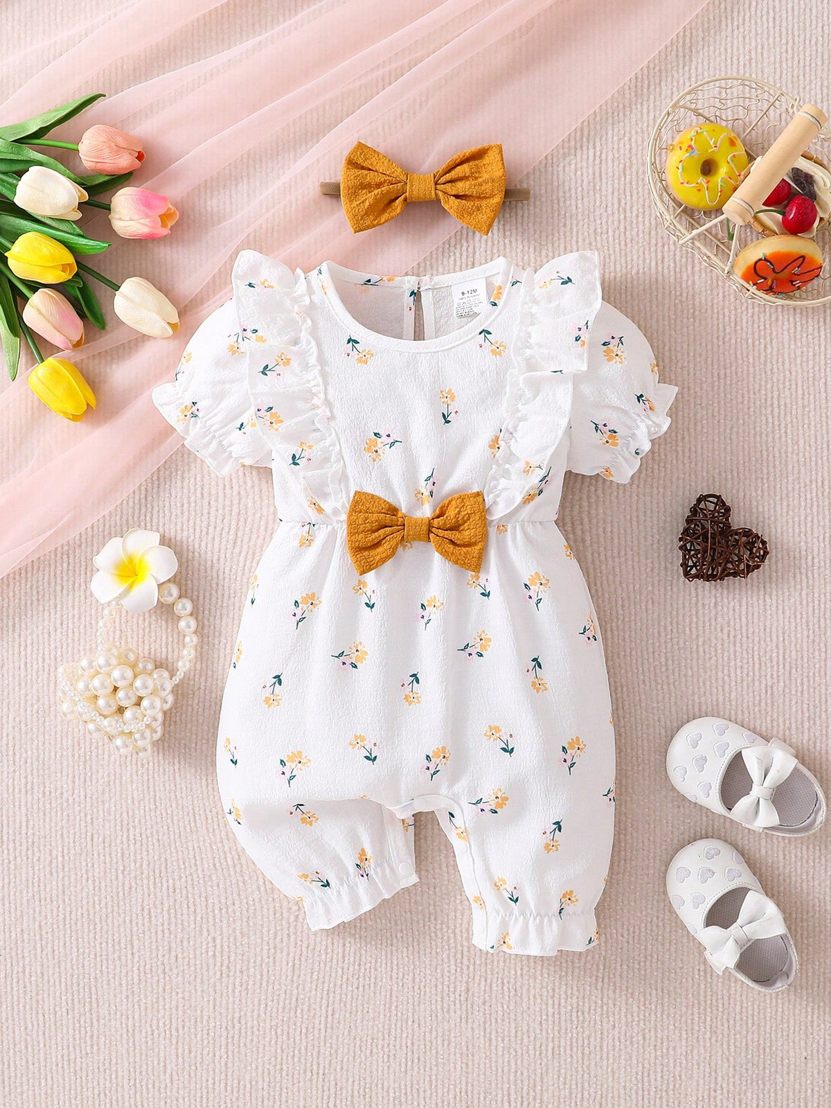 Baby Girls Ditsy Floral Ruffle Sleeve Romper - Ivory | 21 Century Kids