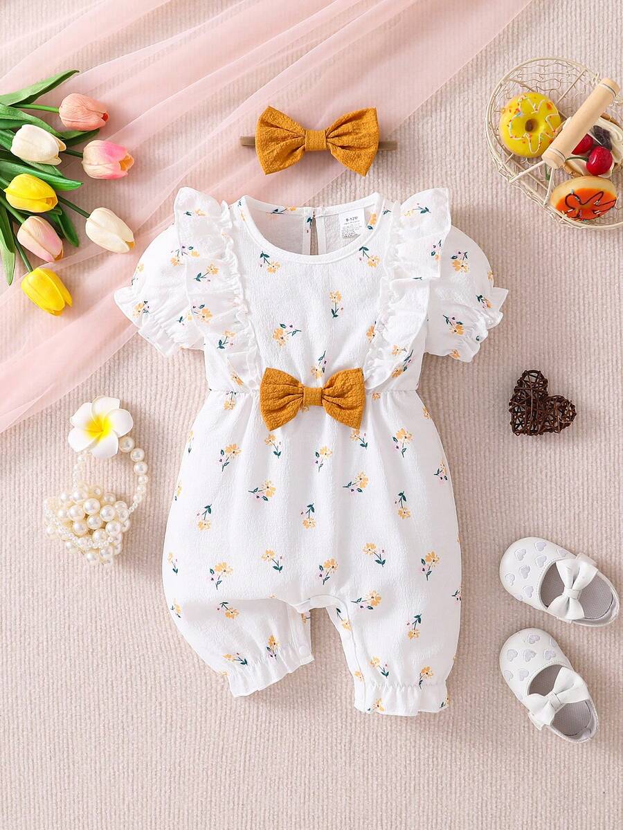 Baby Girls Ditsy Floral Ruffle Sleeve Romper - Ivory | 21 Century Kids