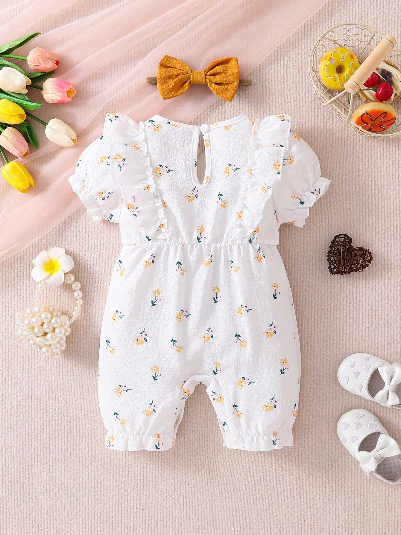 Baby Girls Ditsy Floral Ruffle Sleeve Romper - Ivory | 21 Century Kids
