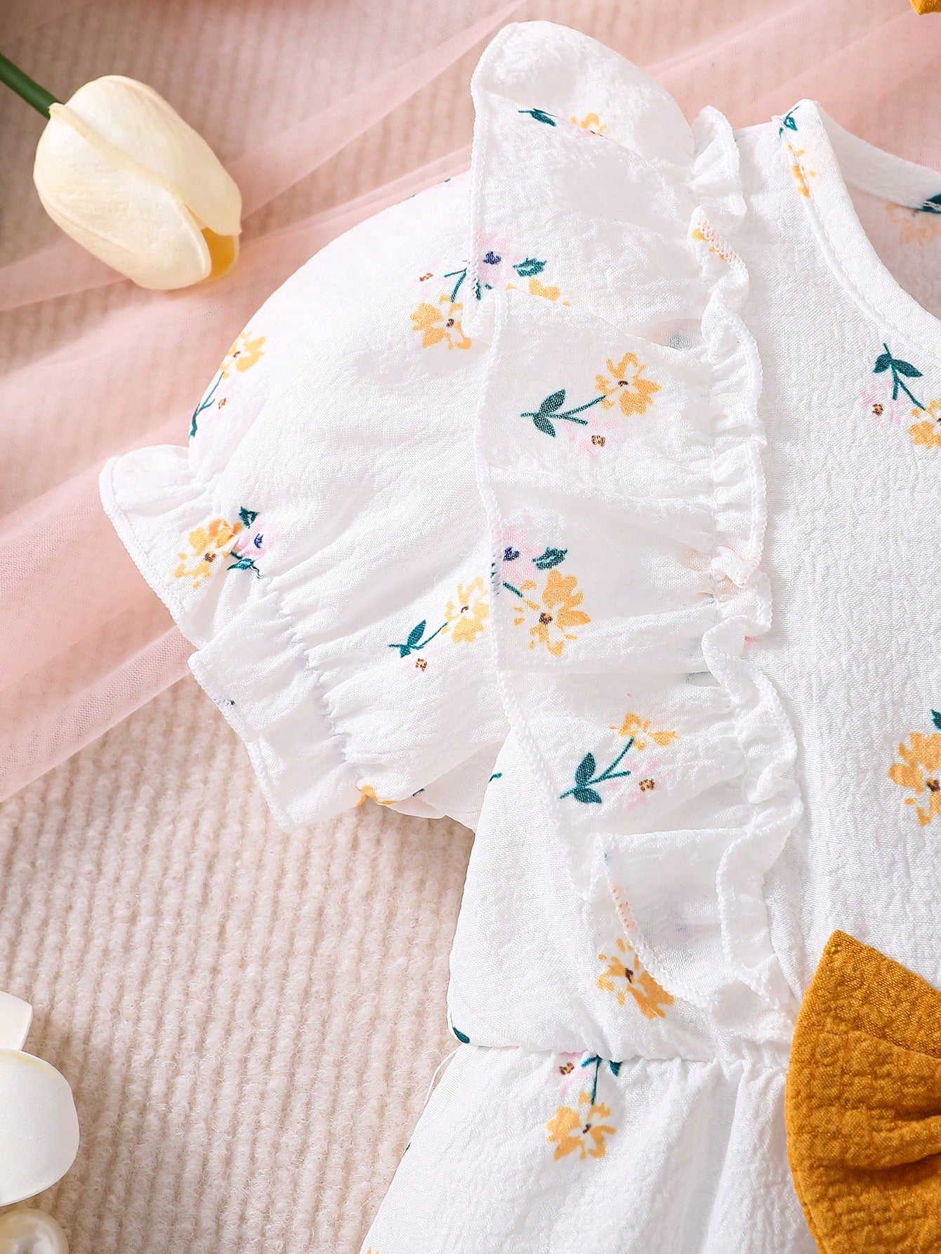 Baby Girls Ditsy Floral Ruffle Sleeve Romper - Ivory | 21 Century Kids