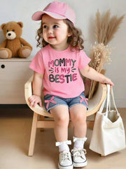 2pcs Girls Graphic Tee & Bow Denim Shorts Set - Blush