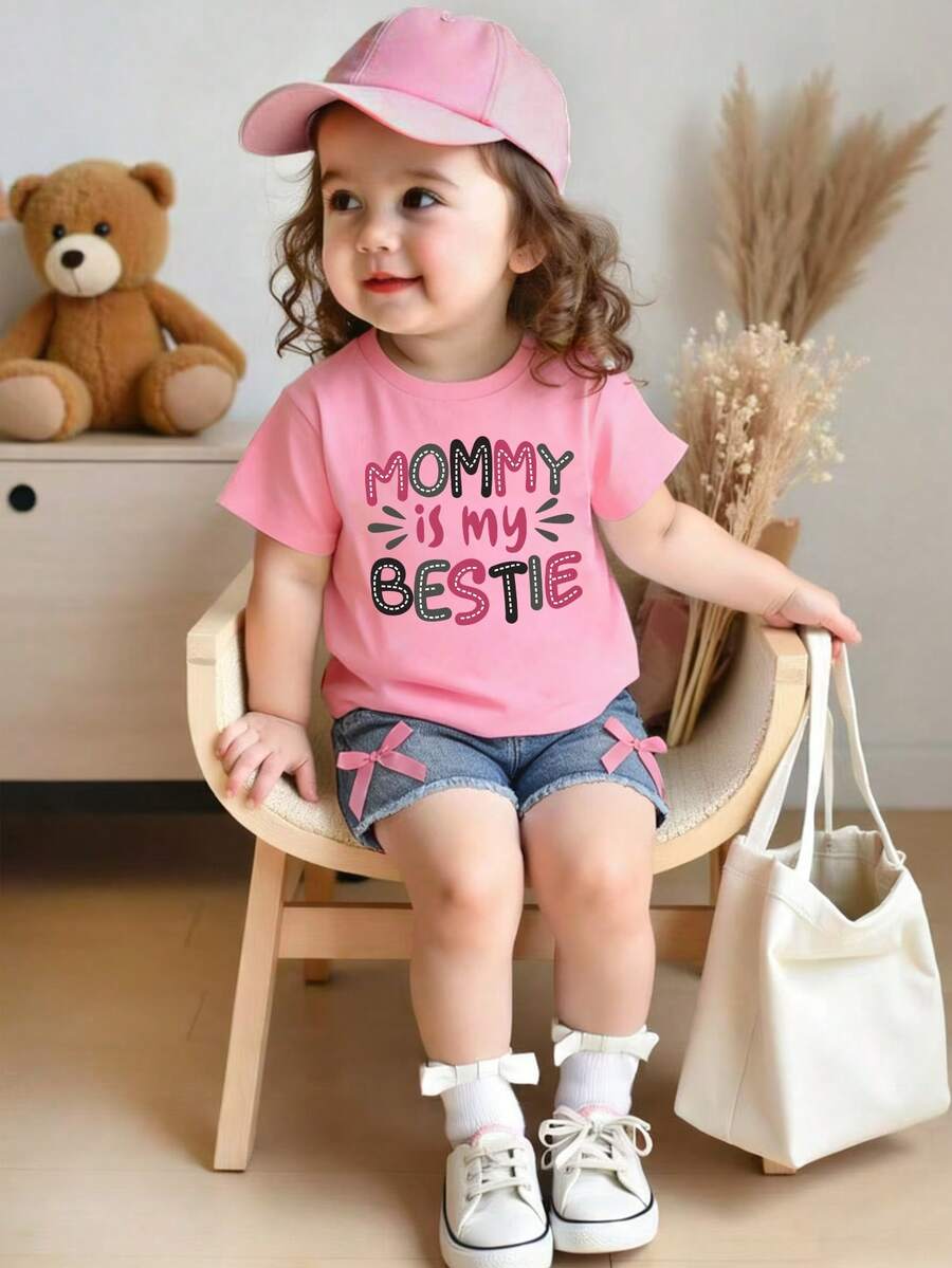2pcs Girls Graphic Tee & Bow Denim Shorts Set - Blush