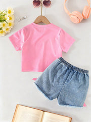 2pcs Girls Graphic Tee & Bow Denim Shorts Set - Blush
