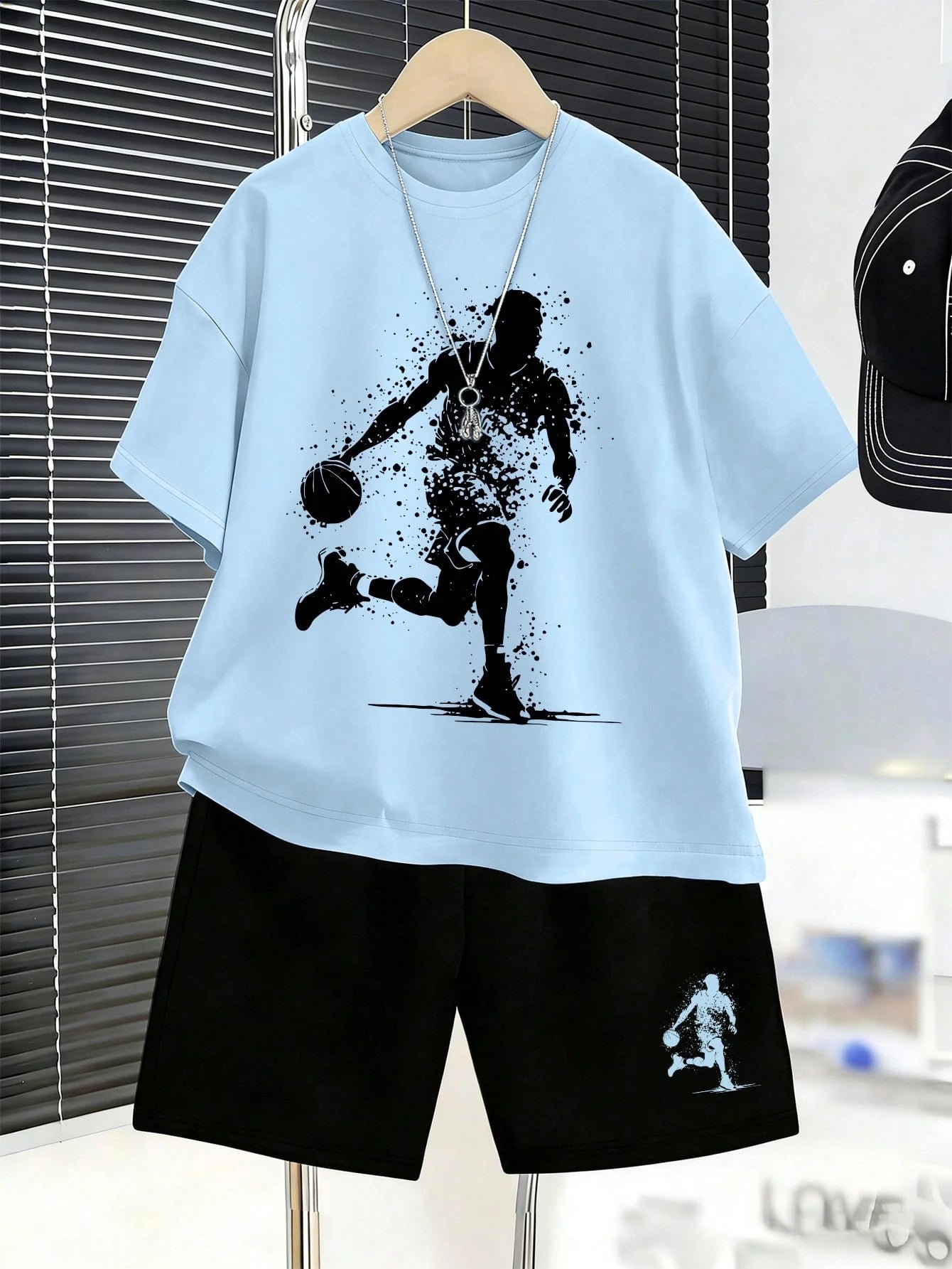 2pcs Boys Basketball Splatter Print Tee & Shorts Set - Cerulean | 2...