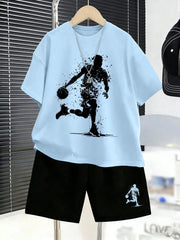 2pcs Boys Basketball Splatter Print Tee & Shorts Set - Cerulean | 2...