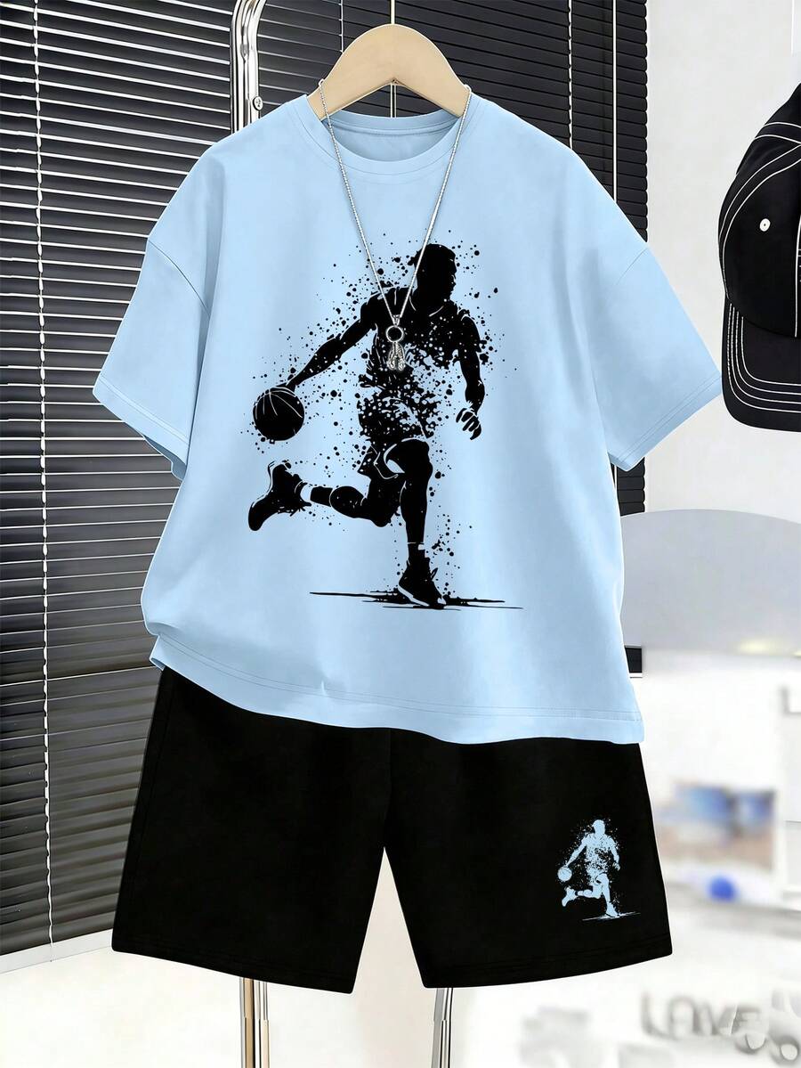2pcs Boys Basketball Splatter Print Tee & Shorts Set - Cerulean | 2...