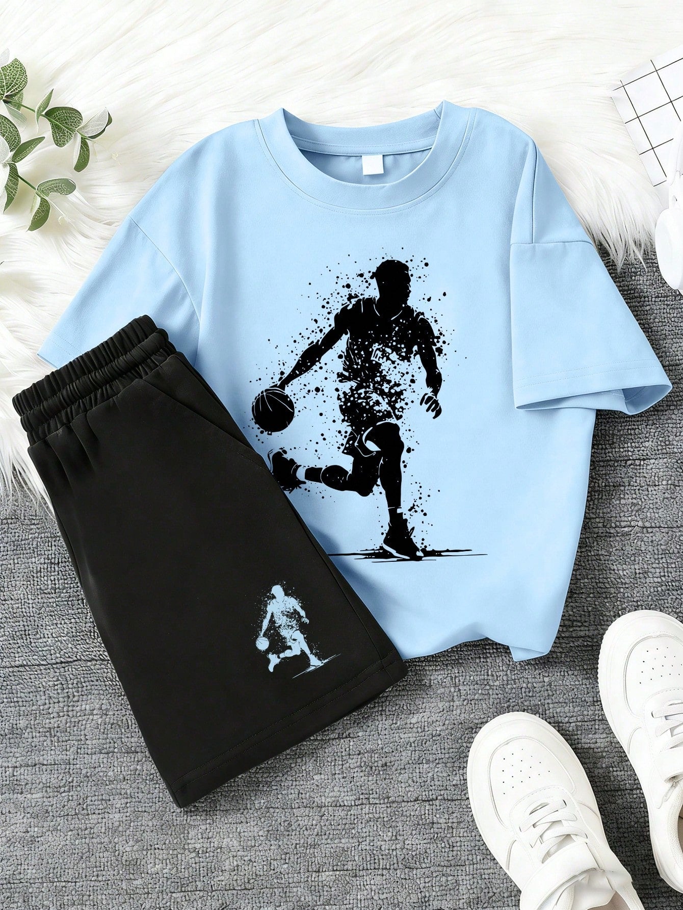 2pcs Boys Basketball Splatter Print Tee & Shorts Set - Cerulean | 2...
