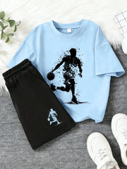 2pcs Boys Basketball Splatter Print Tee & Shorts Set - Cerulean | 2...