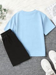 2pcs Boys Basketball Splatter Print Tee & Shorts Set - Cerulean | 2...