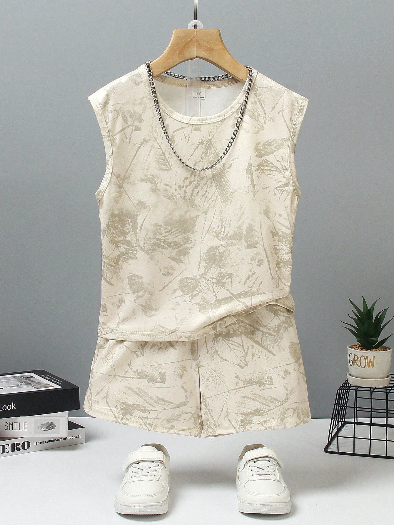 2pcs Little Boys Botanical Print Vest & Shorts Set - Ecru