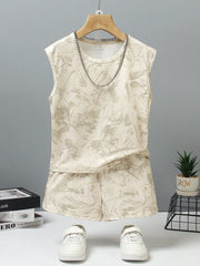 2pcs Little Boys Botanical Print Vest & Shorts Set - Ecru