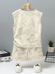 2pcs Little Boys Botanical Print Vest & Shorts Set - Ecru