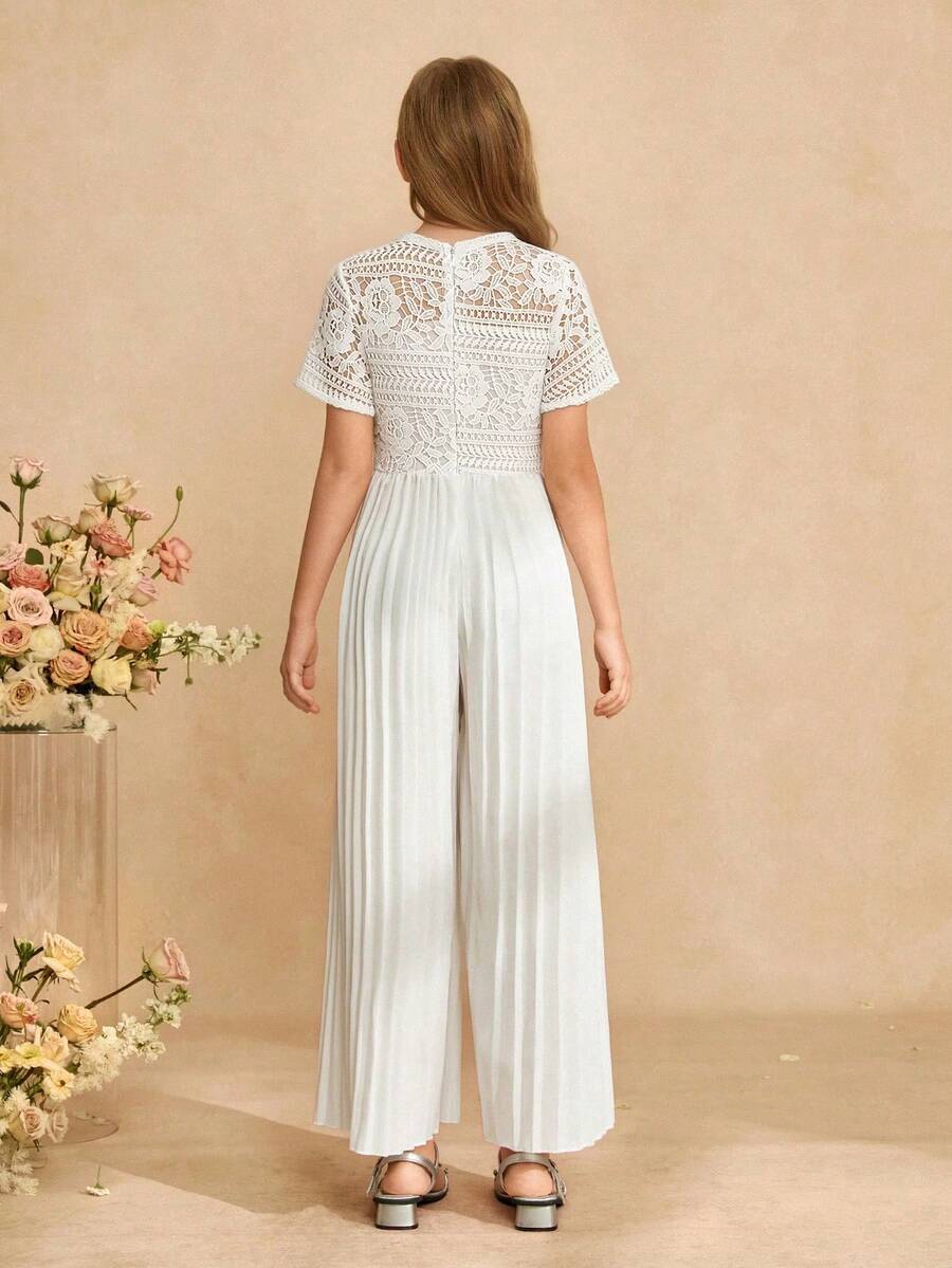 Big Girls Floral Lace Bodice Pleated Wide-Leg Jumpsuit - Ivory | 21...