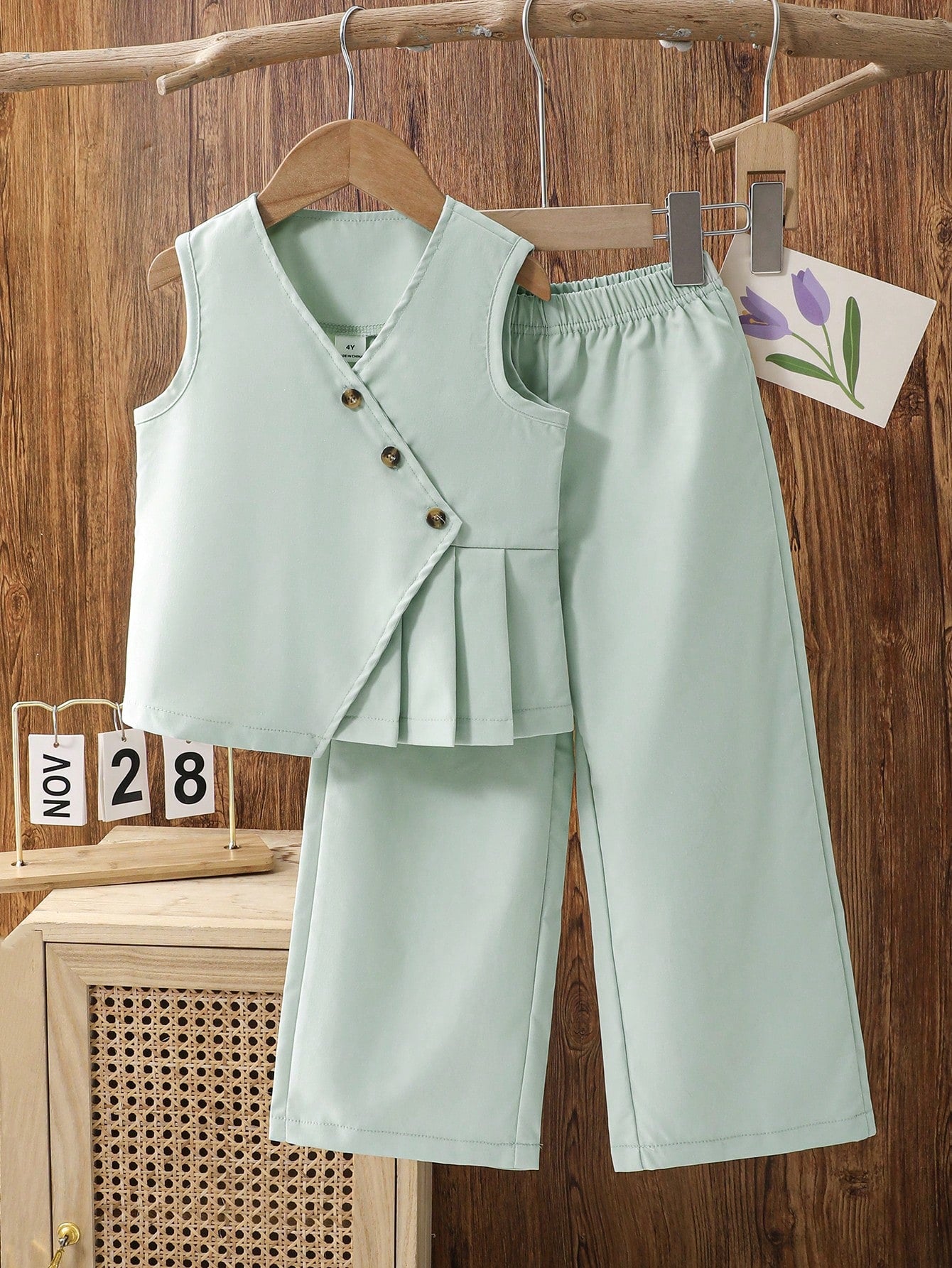 Little Girls Asymmetric Pleated Vest & Wide-Leg Pants Set - Celadon
