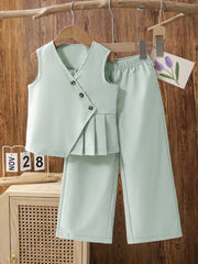Little Girls Asymmetric Pleated Vest & Wide-Leg Pants Set - Celadon