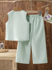 Little Girls Asymmetric Pleated Vest & Wide-Leg Pants Set - Celadon