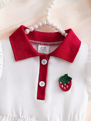 Girls Strawberry Embroidered Polo Collar Flutter Sleeve Dress - Ivo...