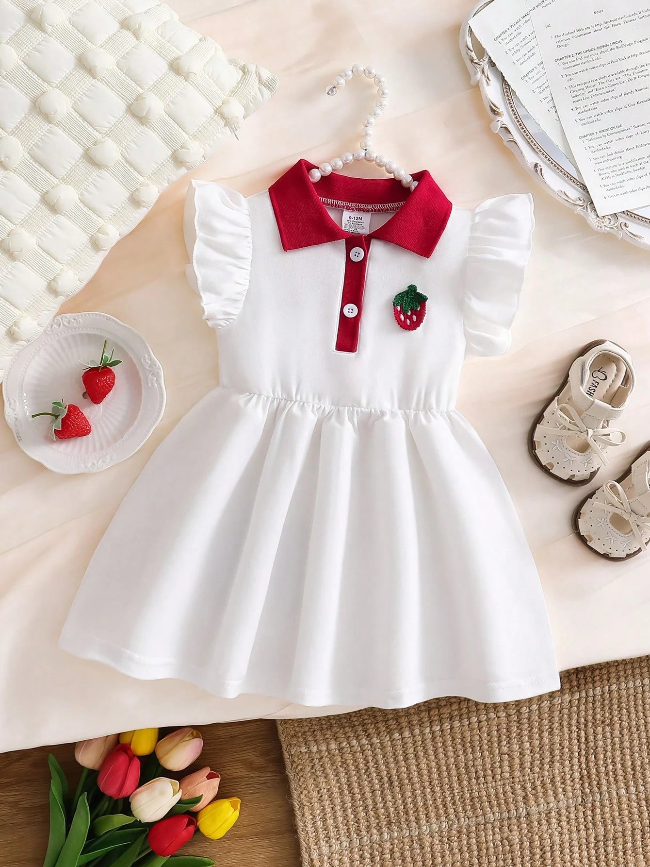 Girls Strawberry Embroidered Polo Collar Flutter Sleeve Dress - Ivo...