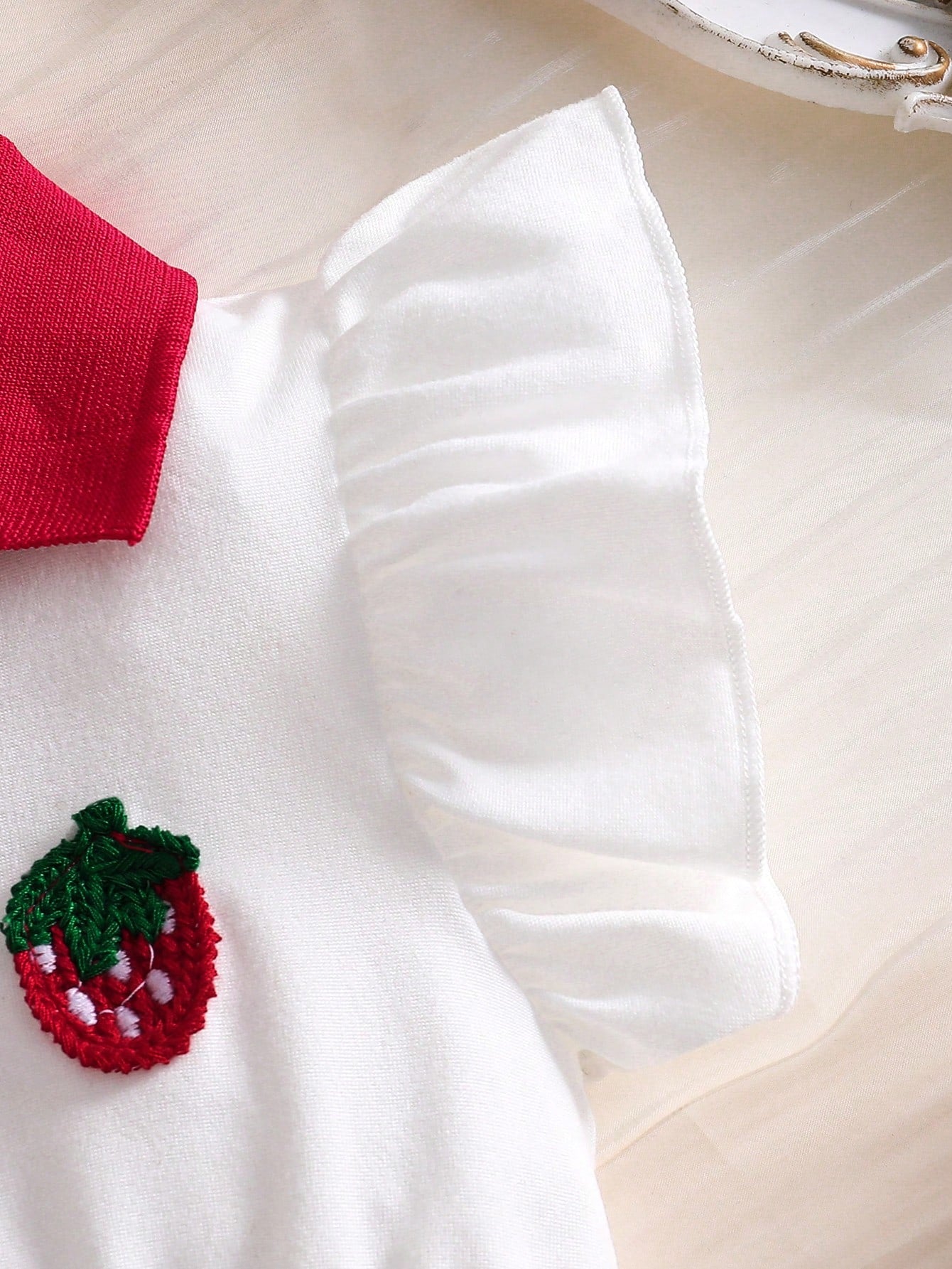 Girls Strawberry Embroidered Polo Collar Flutter Sleeve Dress - Ivo...