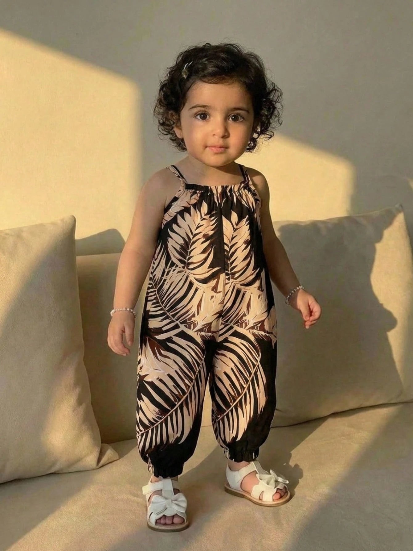 Girls Tropical Palm Print Cami Jumpsuit - Onyx