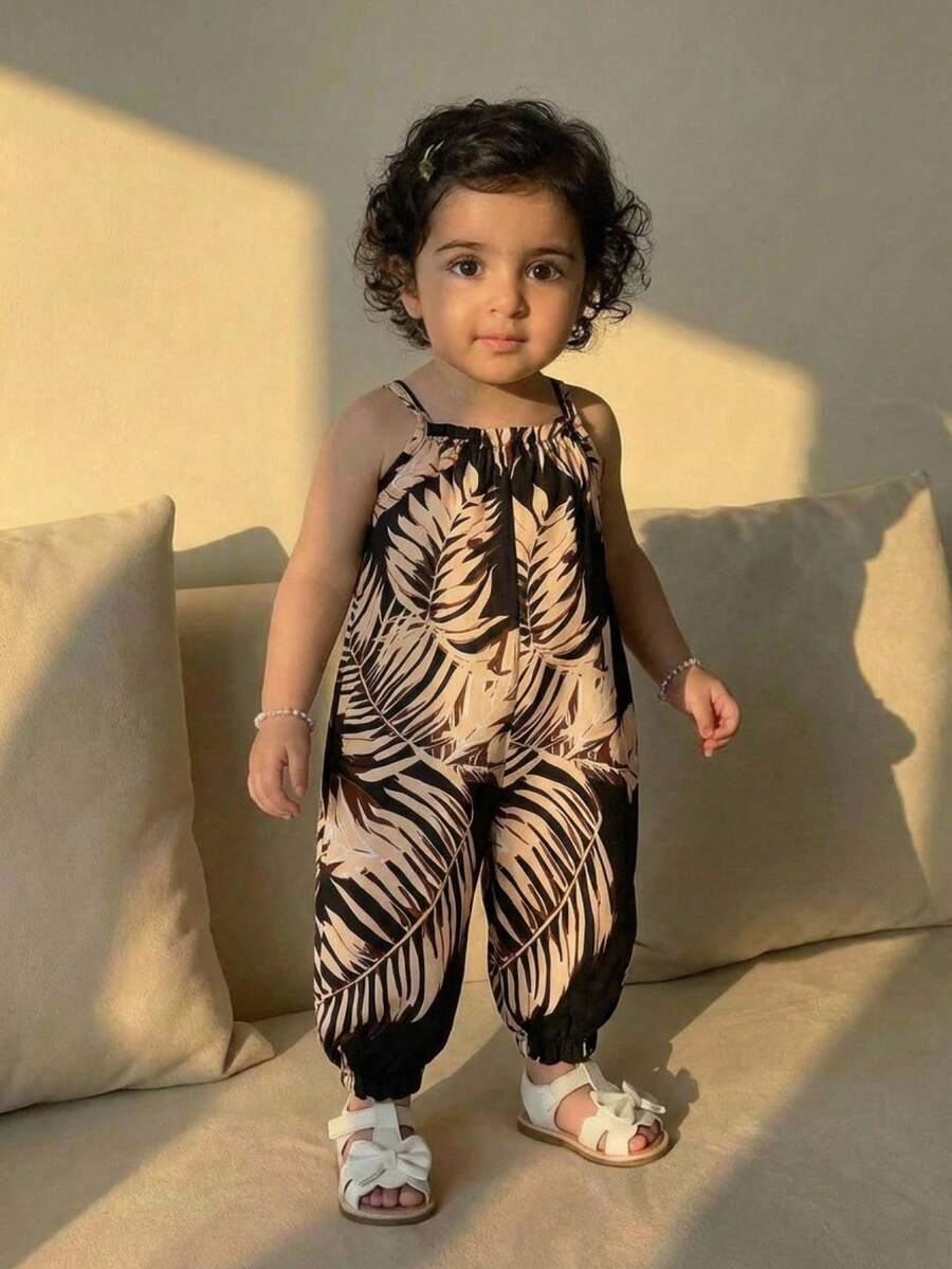 Girls Tropical Palm Print Cami Jumpsuit - Onyx