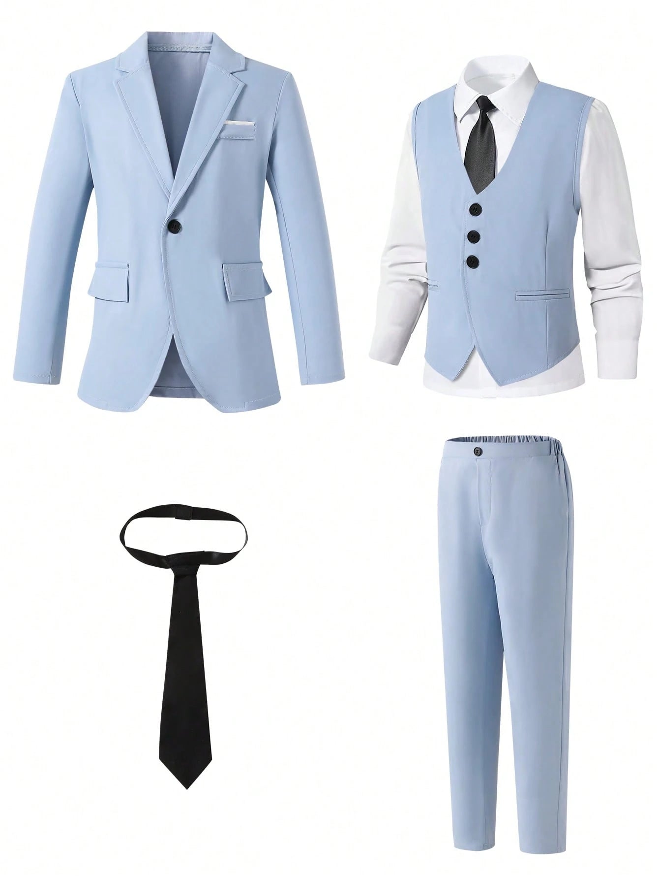 4pcs Big Boys Formal Blazer Vest Trousers & Tie Suit - Powder Blue ...