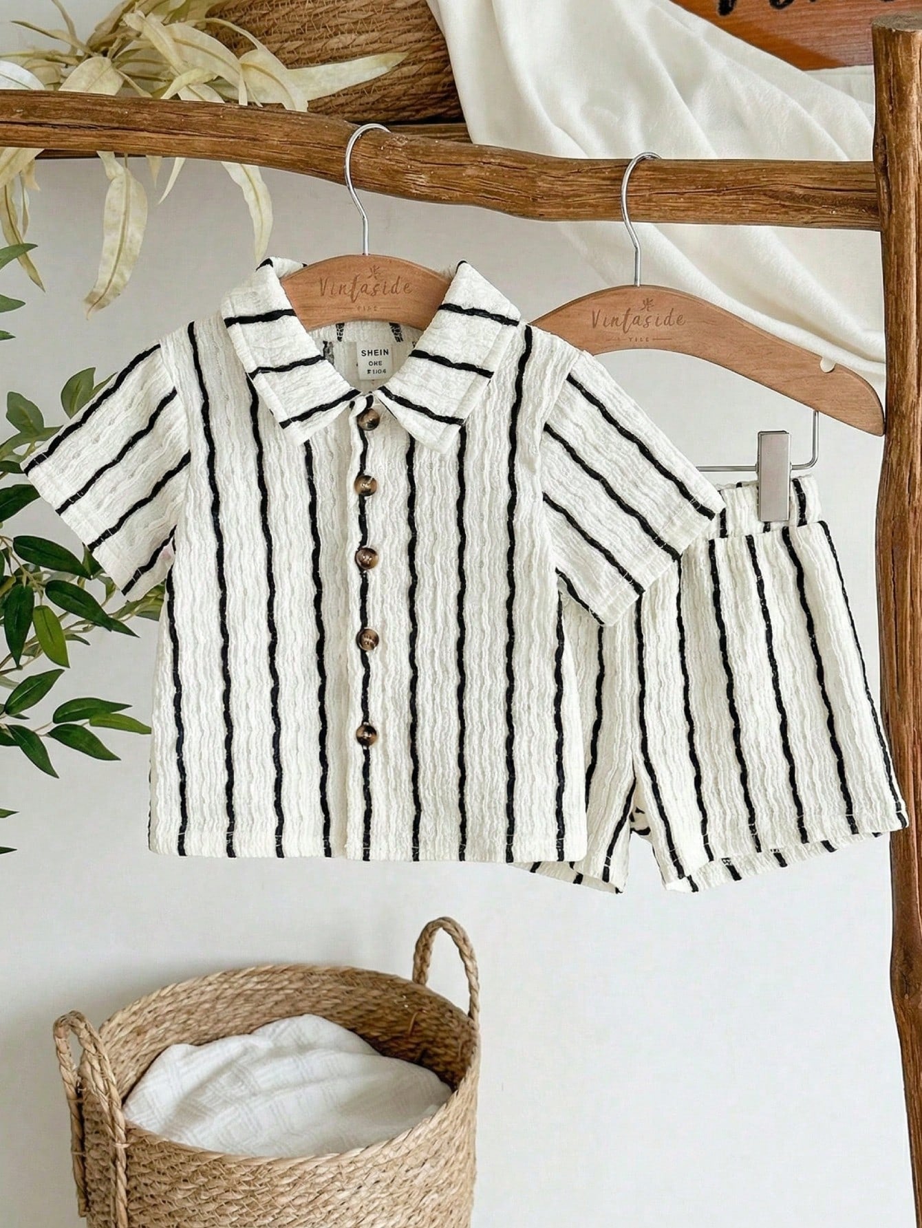 2pcs Boys Textured Stripe Shirt & Shorts Set - Ivory | 21 Century Kids