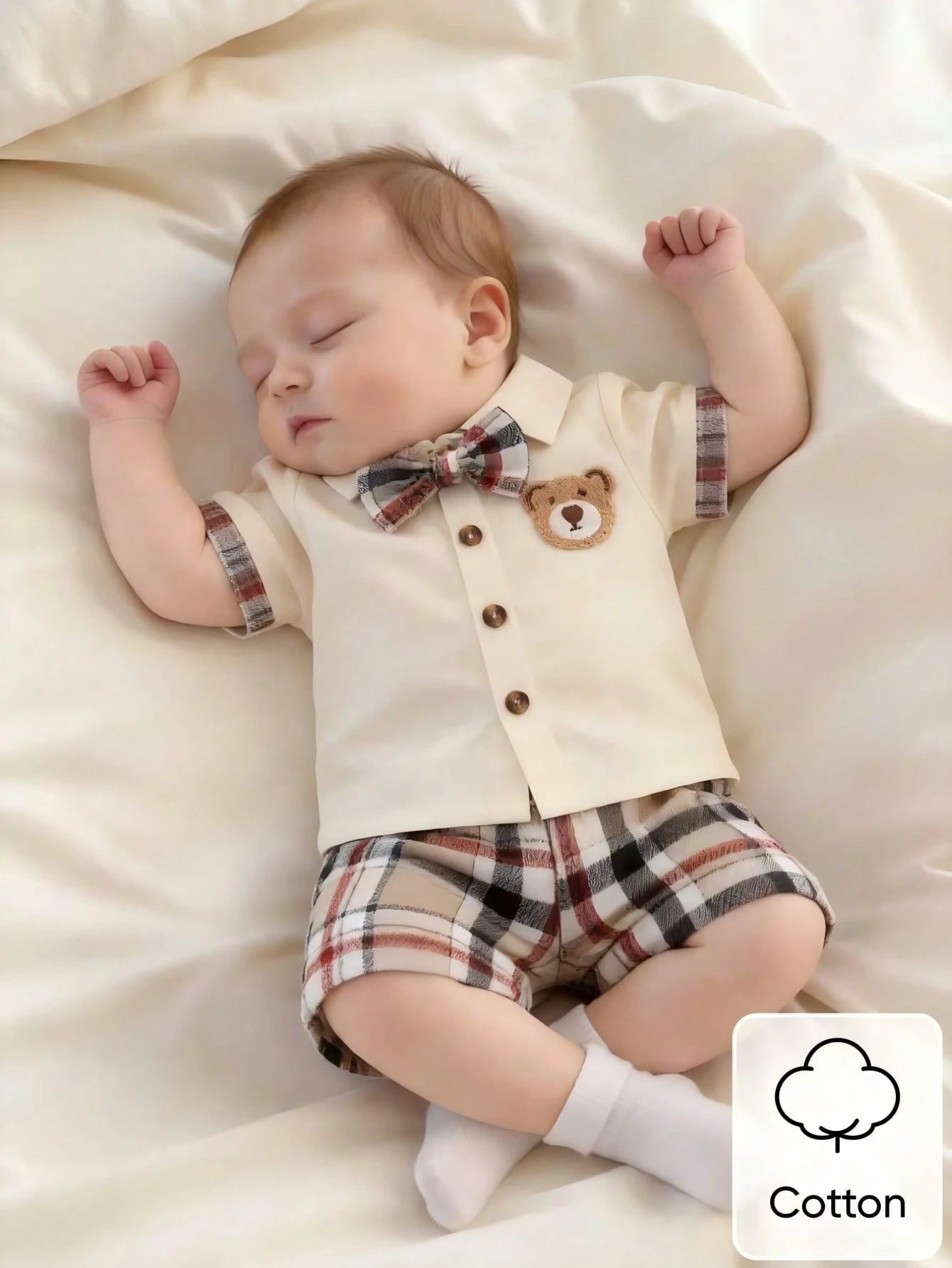 3pcs Baby Boys Bear Patch Bow-Tie Shirt & Plaid Shorts Set - Ecru |...
