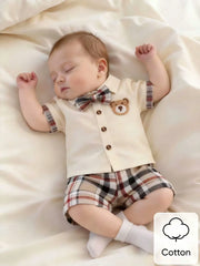3pcs Baby Boys Bear Patch Bow-Tie Shirt & Plaid Shorts Set - Ecru |...