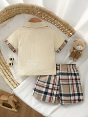 3pcs Baby Boys Bear Patch Bow-Tie Shirt & Plaid Shorts Set - Ecru |...