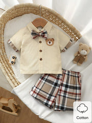 3pcs Baby Boys Bear Patch Bow-Tie Shirt & Plaid Shorts Set - Ecru |...