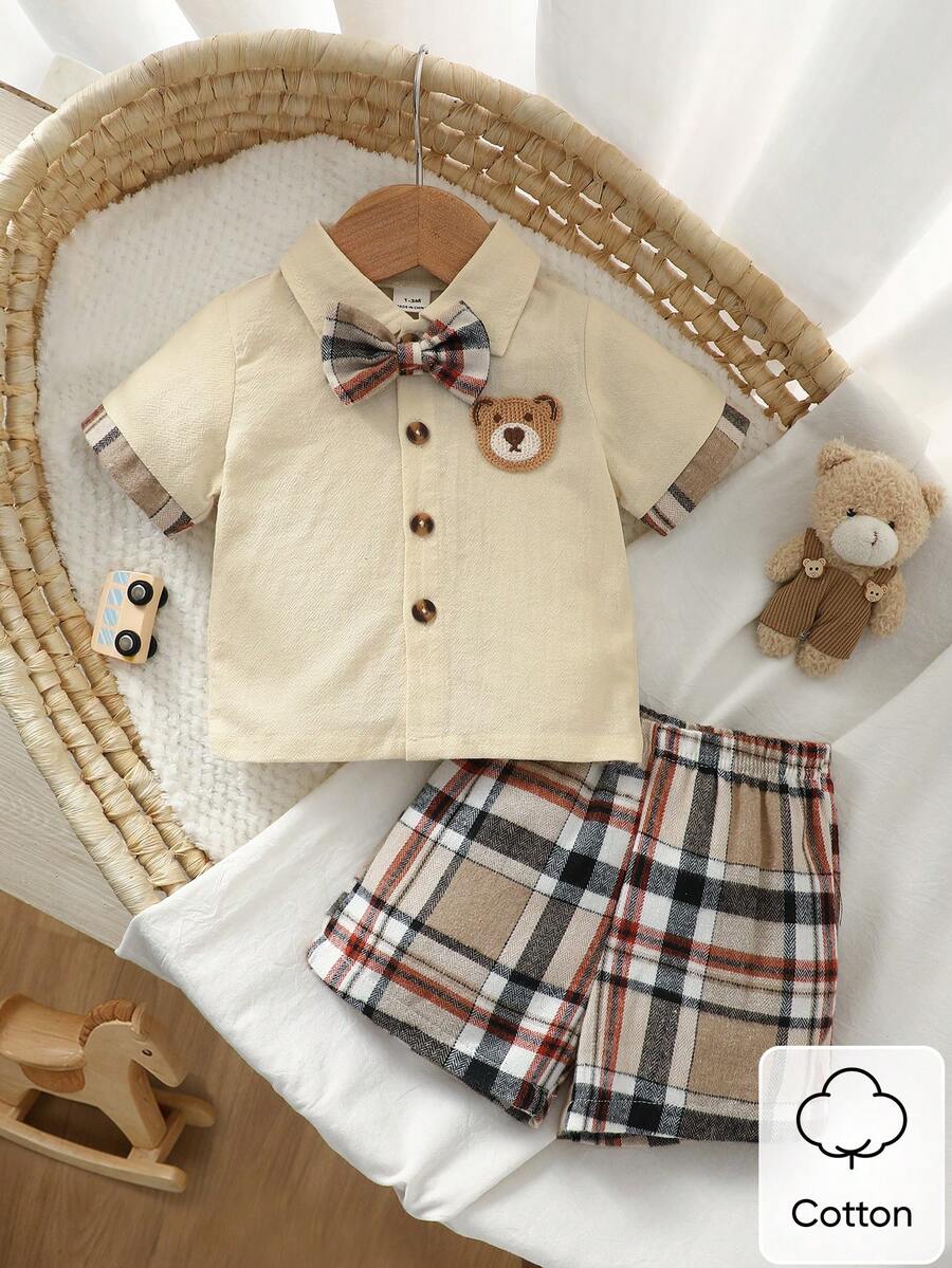 3pcs Baby Boys Bear Patch Bow-Tie Shirt & Plaid Shorts Set - Ecru |...